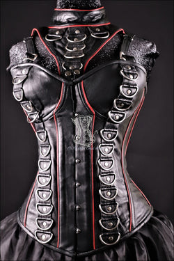 Leather Black D-Ring With Red Piping And Collar Overbust