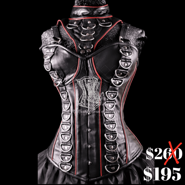 Ms. Martha Leather Overbust Corset With Drings And Neck Piece - Black/red Piping