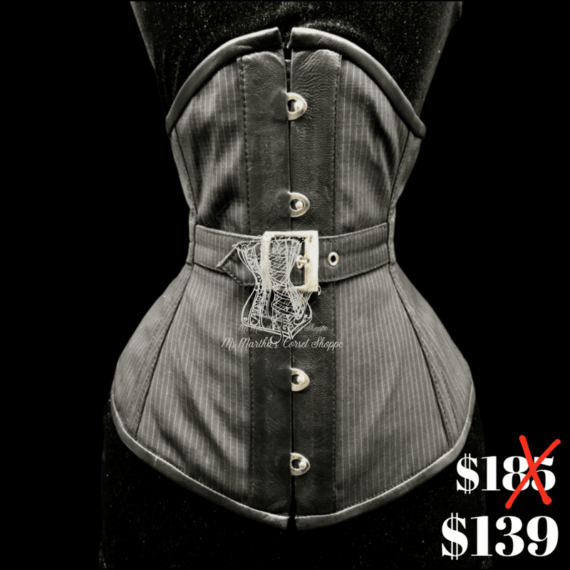 Ms. Martha Leather Underbust Cincher With Silk Pinstripe - Black/grey