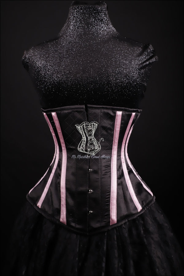 Ms. Martha Silk Underbust Cincher with Leather Busk and Stripes - Black/Pink