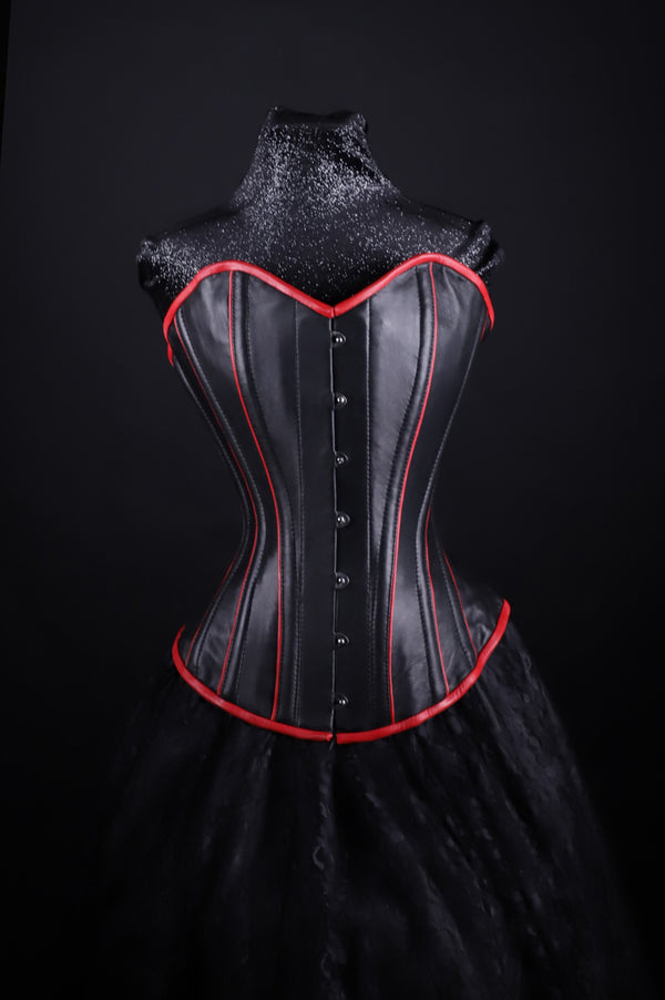 Leather Overbust Corset PIPING Black and Red