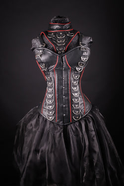 Leather Overbust Corset Black with Red Piping, Detachable Neckpiece, and Shiny D-Rings