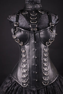 Leather Overbust Corset with Detachable Neckpiece and Shiny D-Rings